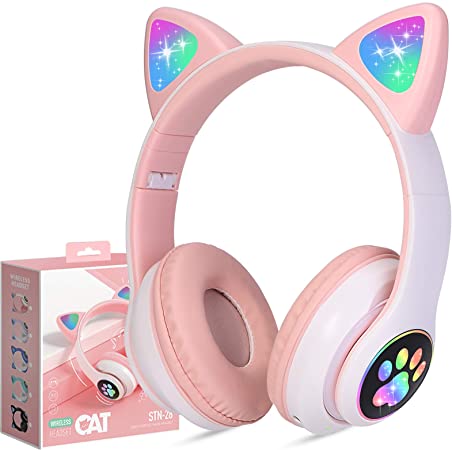 Auriculares para niños con orejas de gato, tiene Bluetooth V5.0, manos libres, radio FM, lector de tarjeta Micro SD para archivos MP3