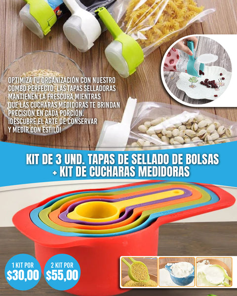 Kit de 3 unid tapas de Sellado de Bolsas + kit de cucharas medidoras